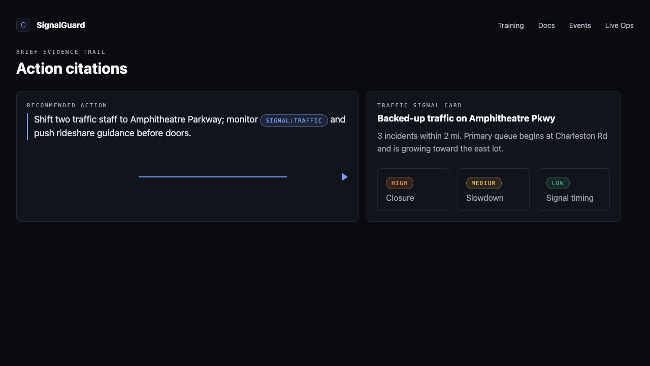 An action item with [signal:traffic] highlighted, with an arrow pointing down to the Traffic signal card.