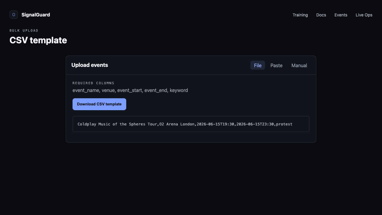 Download CSV template link in the File tab, with the required-columns hint above it.