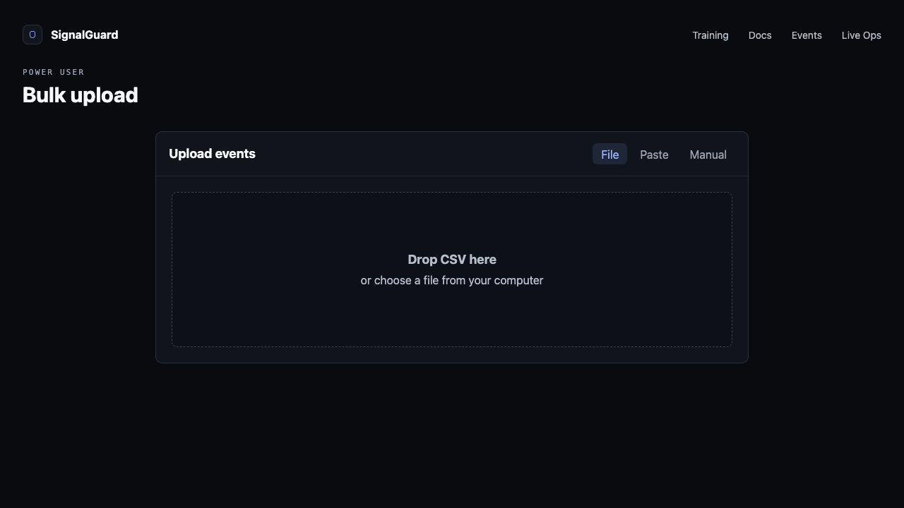 Bulk upload modal — drag-drop zone in the center, tab strip showing File / Paste / Manual.