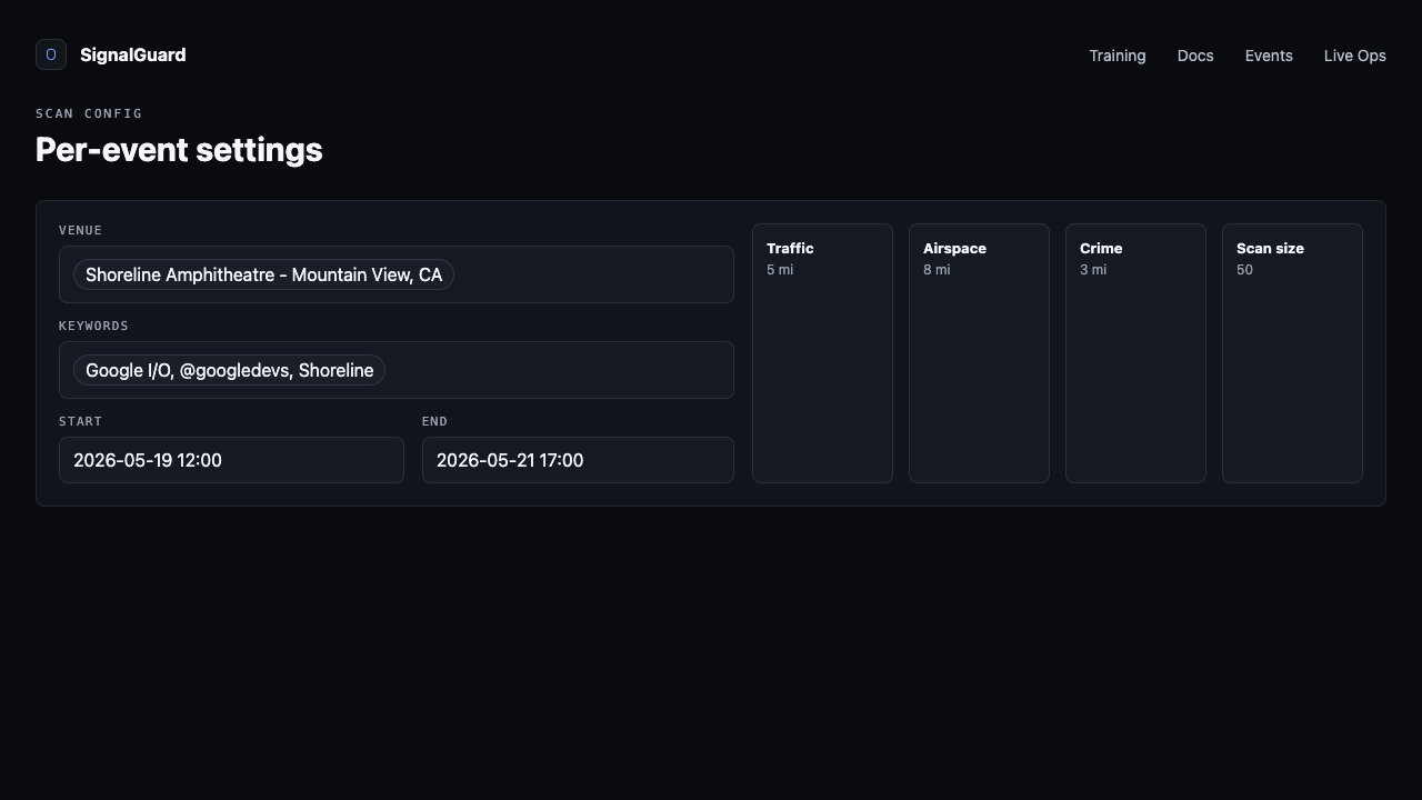 /event settings page top — Scan config panel with Venue, Keywords, Start, End, and the four-column tuning grid.