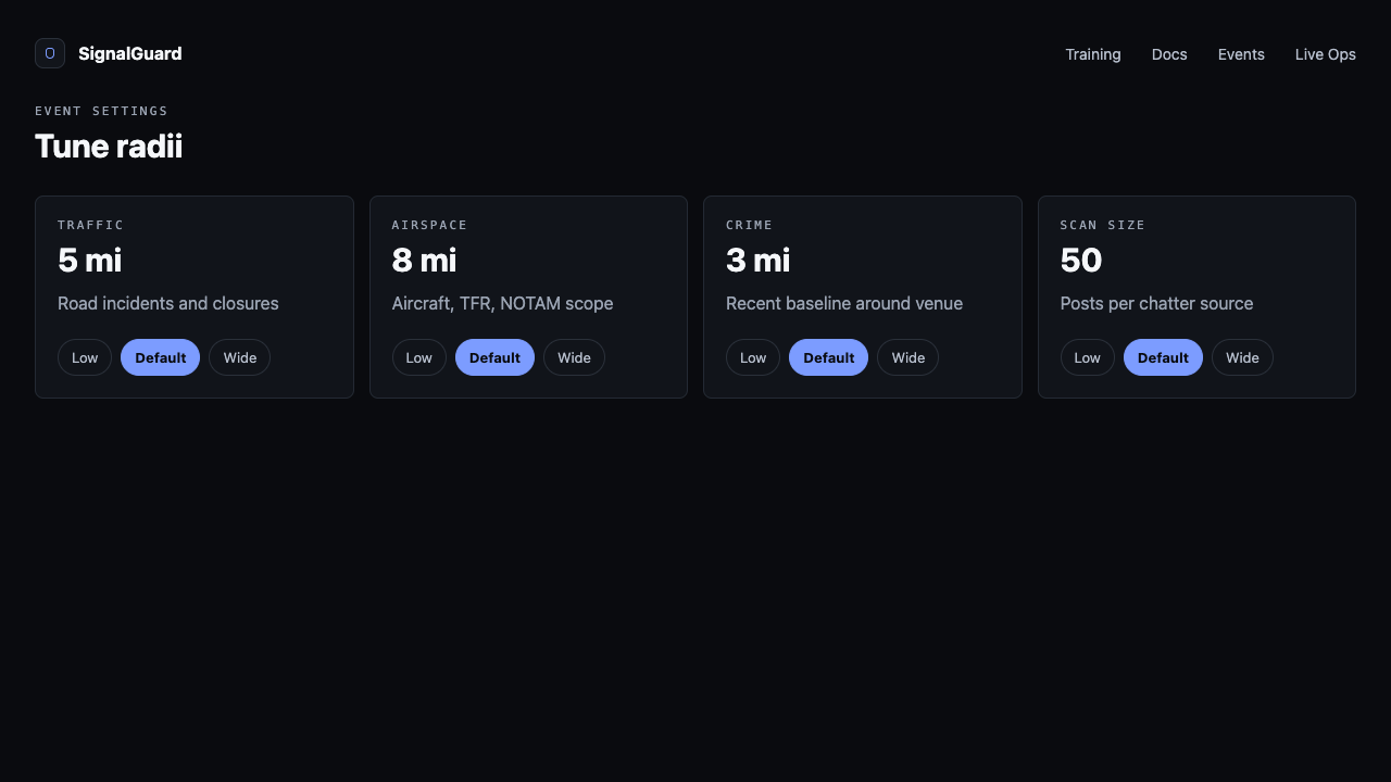 The 4-column tuning grid — Traffic / Airspace / Crime / Scan size dropdowns.