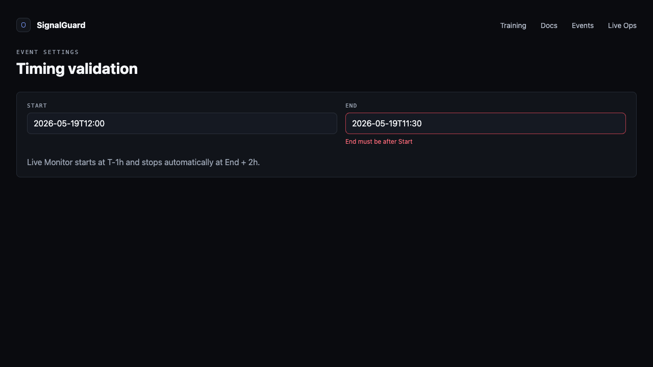 Start and End datetime-local inputs side by side, with the "End must be after Start" error visible.