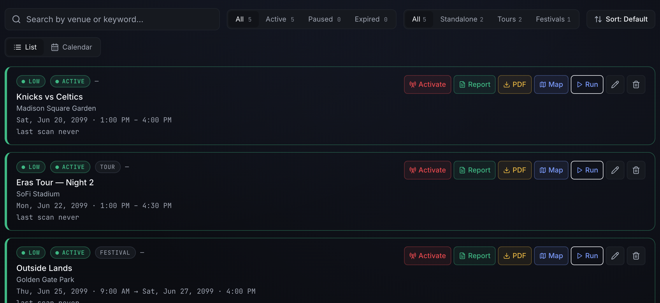 The /events list — a search box, Status filter (All / Active / Paused / Expired) and Type filter (All / Standalone / Tours / Festivals) both with live count badges, a Sort toggle and List/Calendar switch, above event rows with status and type chips.