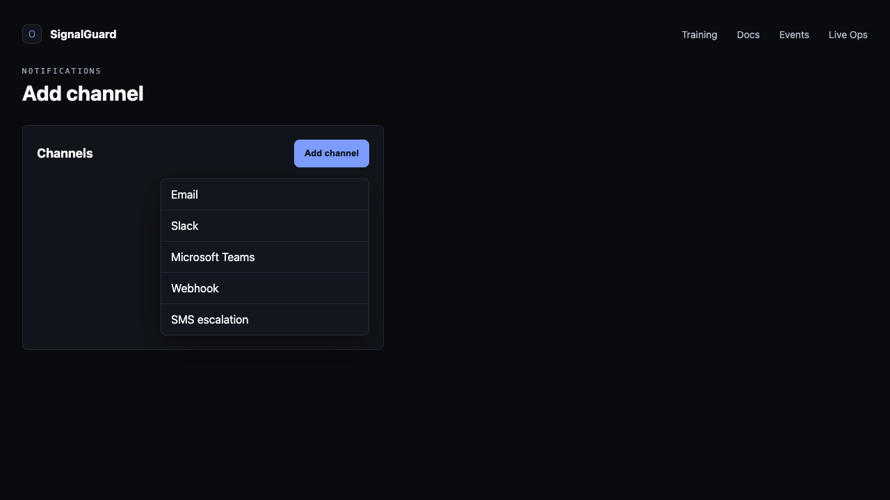 Add channel dropdown opened with five channel types listed.