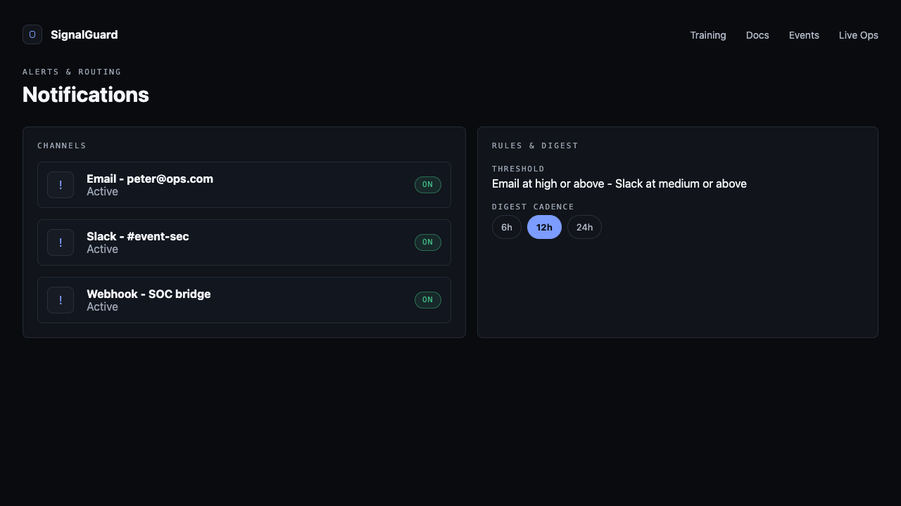 /notifications page — channels list at top, threshold rules below, digest cadence chip group at the bottom.