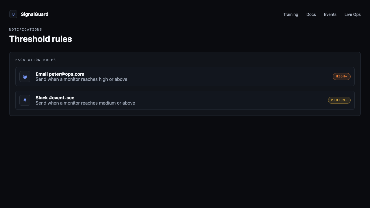 Two threshold rows — "Email peter@ops.com" gated at "high or above", "Slack #event-sec" gated at "medium or above".
