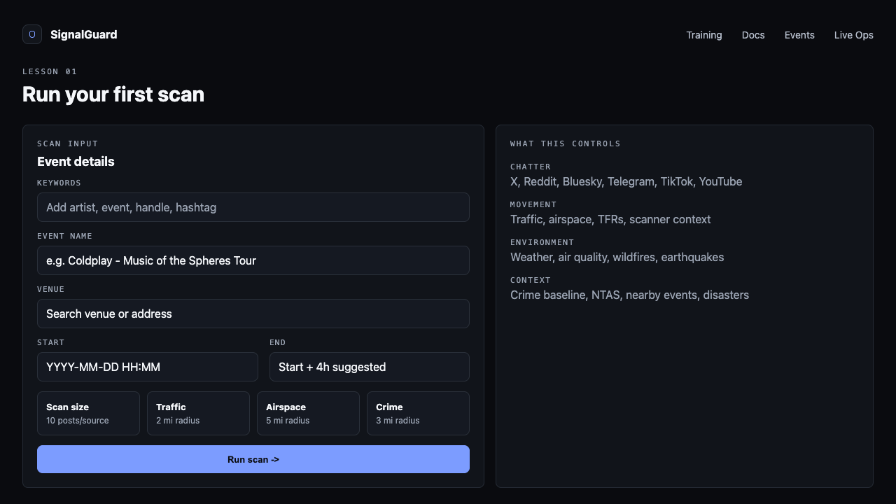 Empty /scan form — Keywords on top, then Event name, Venue, Start, End, Scan size, three radii (Traffic, Airspace, Crime), and the Scan submit.