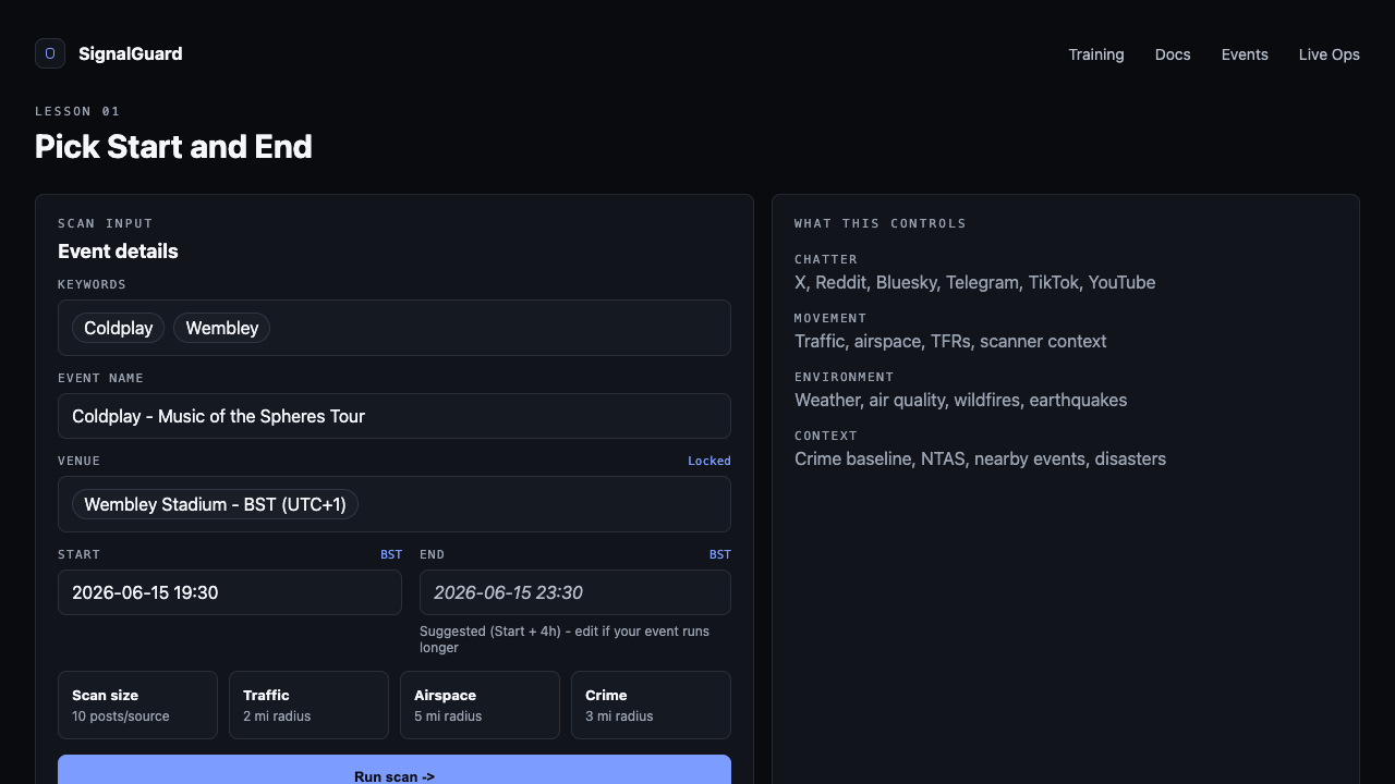 Start = "2026-06-15 19:30", End auto-suggested italic "2026-06-15 23:30" with a "Suggested (Start + 4h) — edit if your event runs longer" helper line.