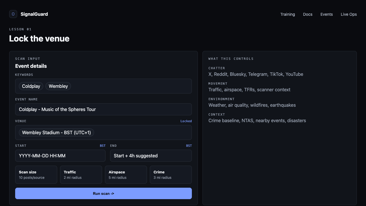 Venue field with "Wembley Stadium · BST (UTC+1)" locked as a chip; a small TZ tag appears next to the Start and End labels too.